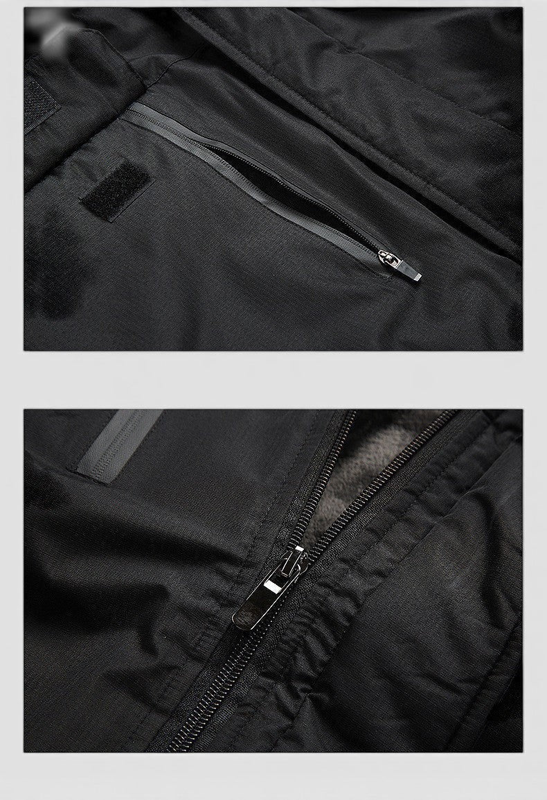 Casaco Allzom preto de algodão com forro de lã felpuda, fecho de correr e bolso com fecho de velcro.