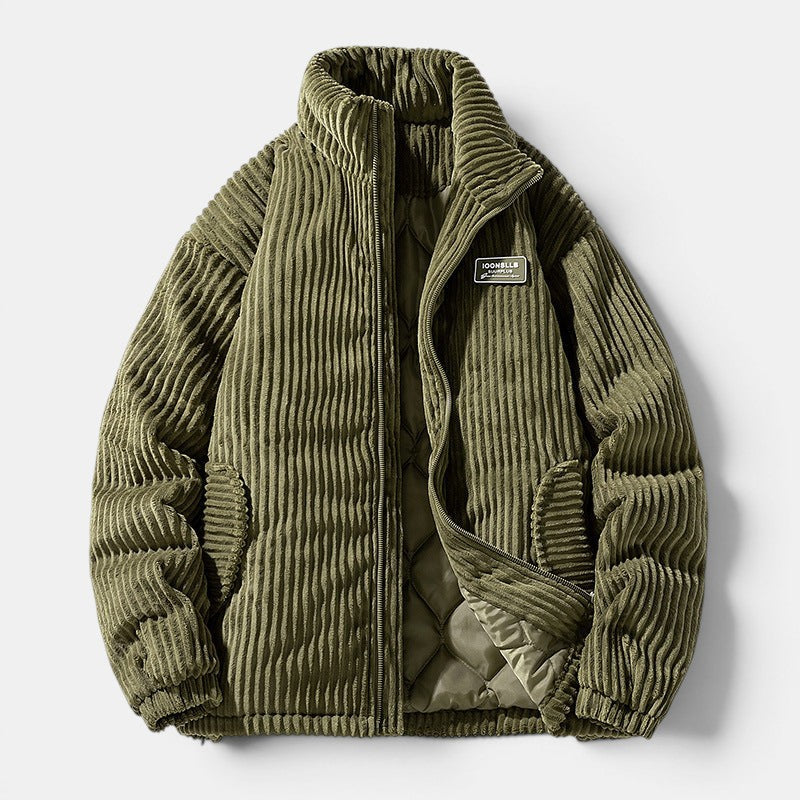 Casaco Allzom masculino retro em veludo cotelê verde militar, com fecho e forro acolchoado. Design largo e espesso.