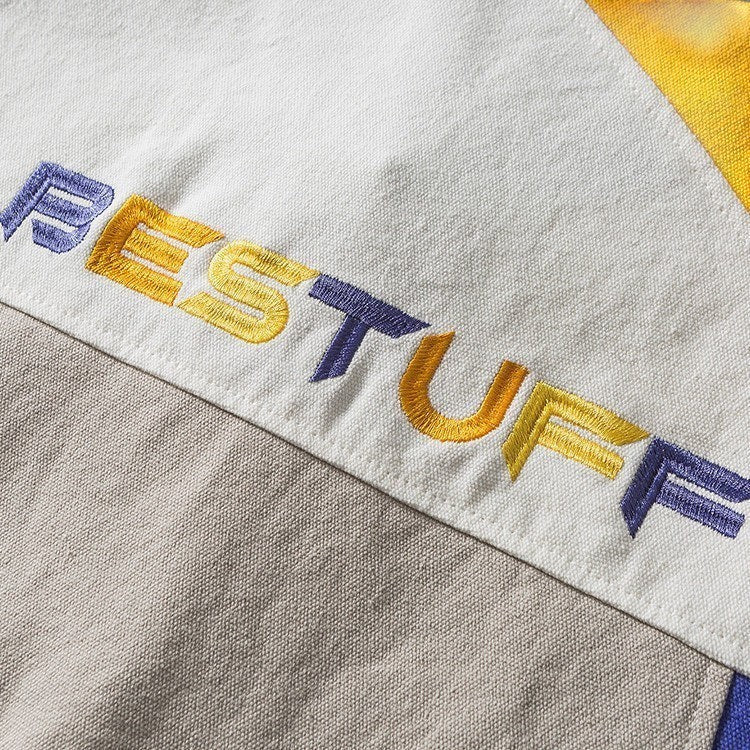 Allzom men's loose fit casual jacket in beige, white and yellow with embroidered text.
