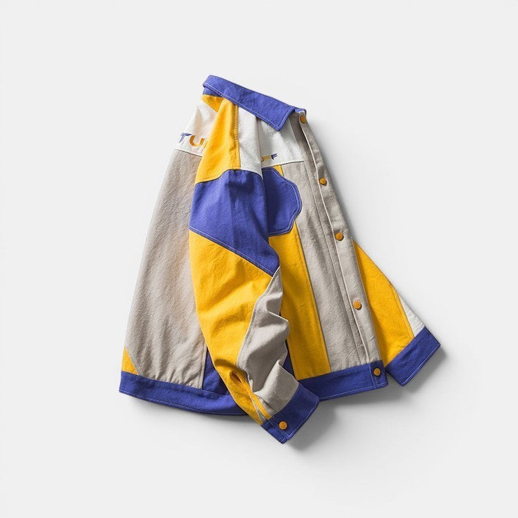 Allzom men's loose-fit casual jacket in colour-block yellow, blue and grey. Lightweight design for everyday wear.