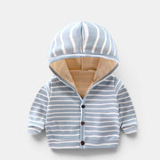 Allzom children's hooded cardigan jacket with blue and white stripes and a soft fleece lining. Features button closure.