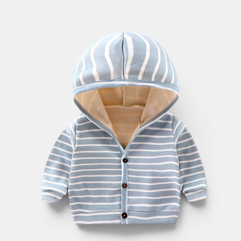 Allzom children's hooded cardigan jacket with blue and white stripes and a soft fleece lining. Features button closure.