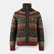 Allzom Christmas 3D print chunky knit zip-up sweater with a grey turtleneck and red, yellow, and grey patterned design.