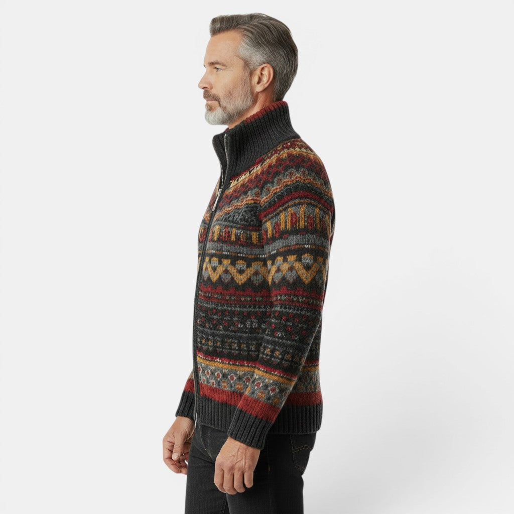 Allzom men's grey chunky knit zip-up sweater with a festive 3D Christmas print in red, yellow, and black. Mock neck.