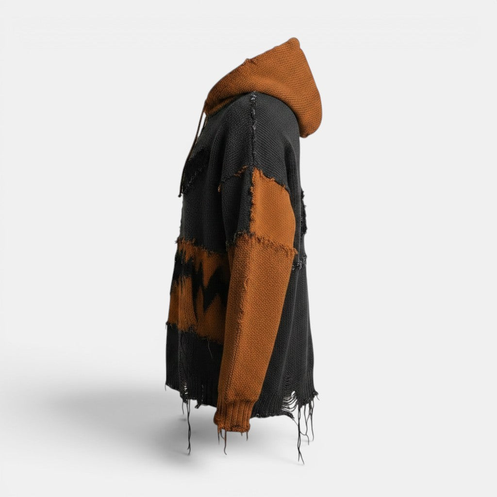 Allzom men's black and brown chunky knit hoodie with distressed details and zigzag pattern. Relaxed fit.