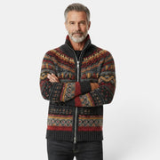Allzom men's grey chunky knit zip-up sweater with a festive 3D Christmas print in red, yellow, and black. Mock neck.