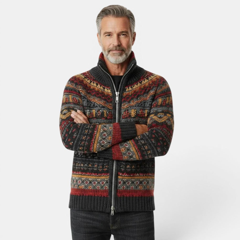Allzom men's grey chunky knit zip-up sweater with a festive 3D Christmas print in red, yellow, and black. Mock neck.