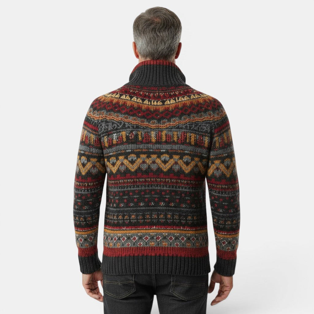 Allzom men's chunky knit zip-up sweater with a multicoloured Fair Isle pattern in grey, red and yellow.