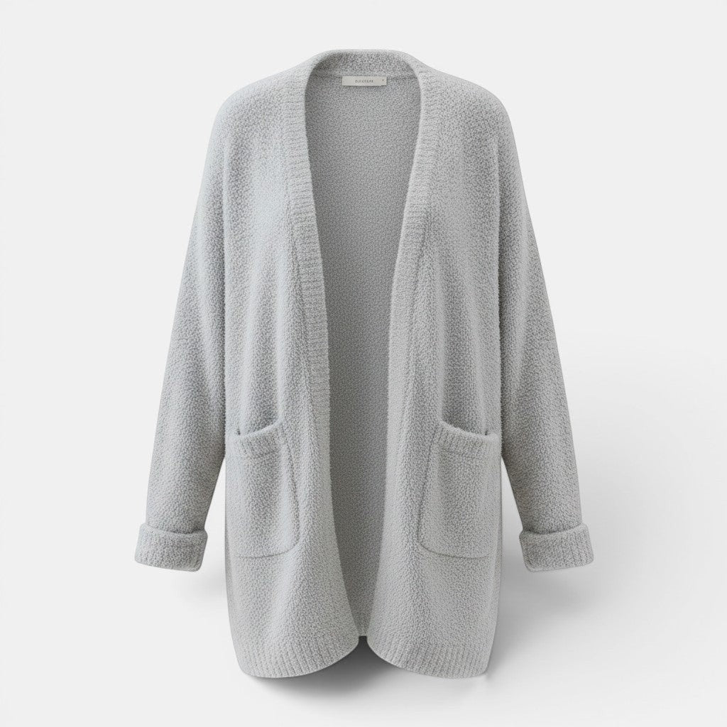 Allzom cinzento macio e felpudo cardigan de malha com bolsos frontais e punhos enrolados.
