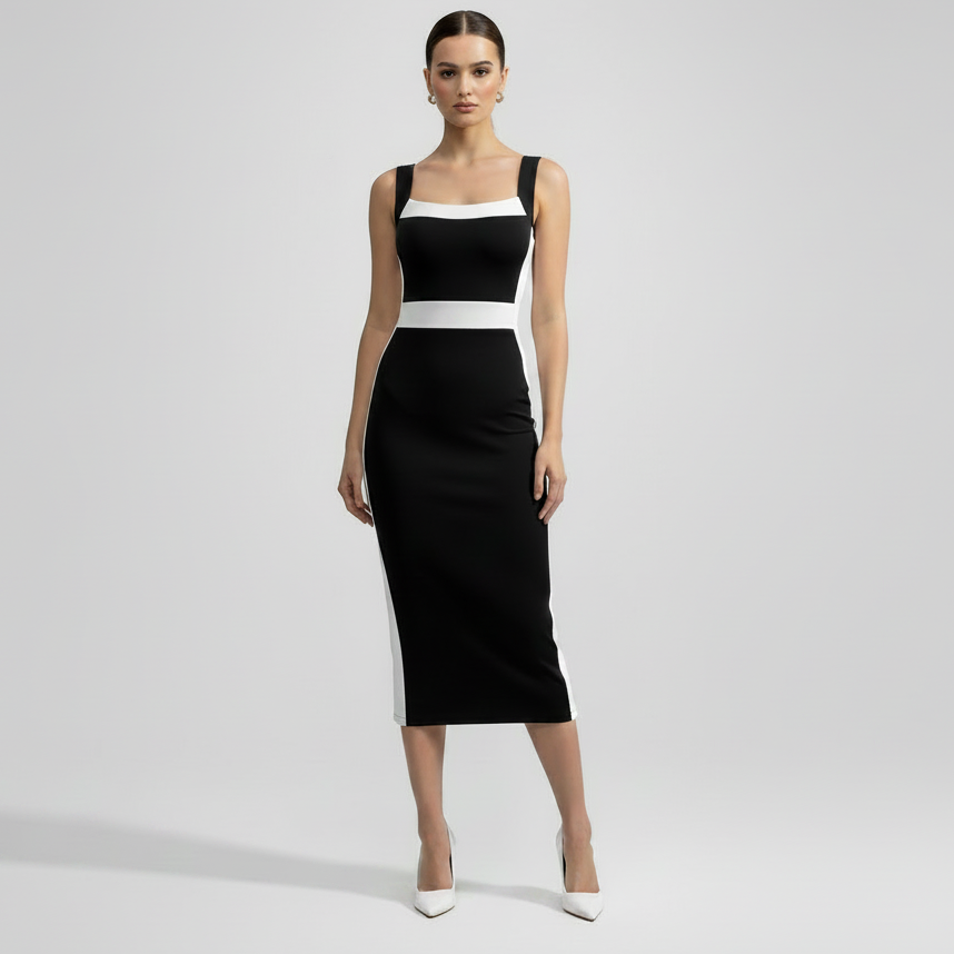 Women's Intellectual Style Dress With Square Neckline, Spaghetti Straps, And Color-blocked Maxi Dress