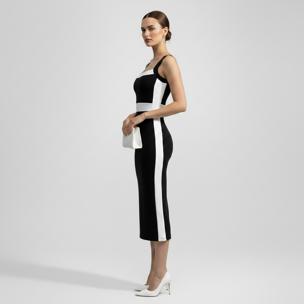 Women's Intellectual Style Dress With Square Neckline, Spaghetti Straps, And Color-blocked Maxi Dress
