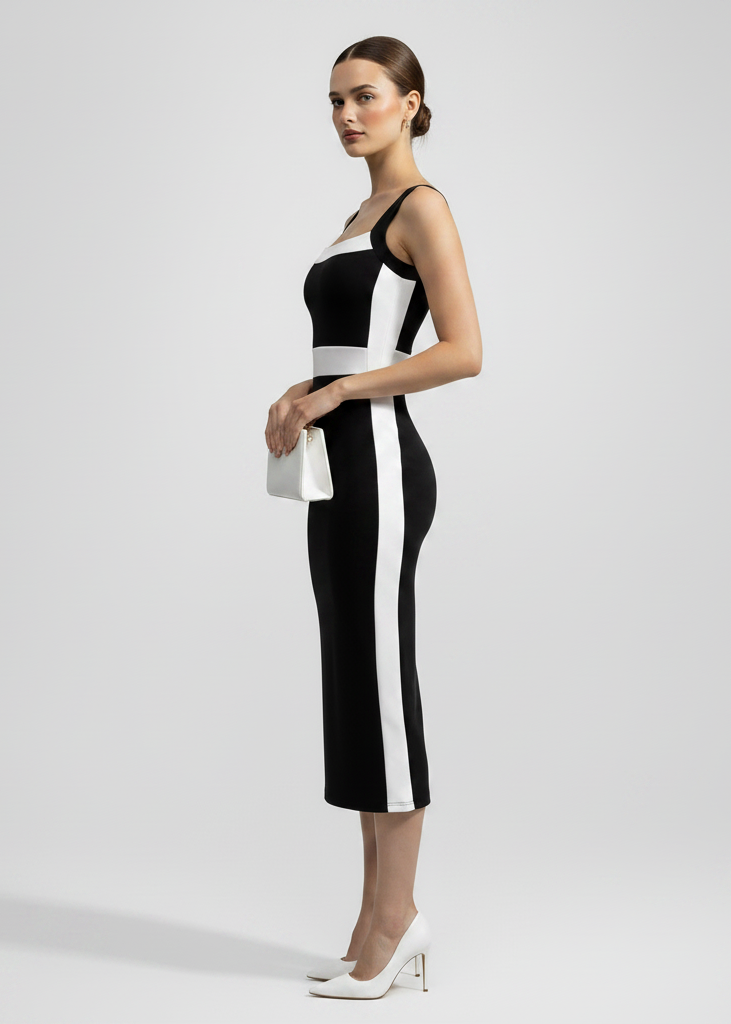 Women's Square Neck Colour-Block Spaghetti Strap Maxi Dress
