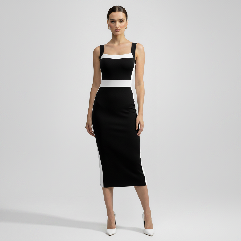 Women's Intellectual Style Dress With Square Neckline, Spaghetti Straps, And Color-blocked Maxi Dress