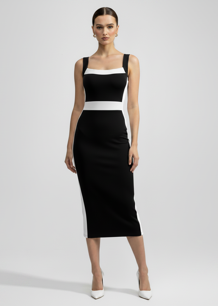 Women's Square Neck Colour-Block Spaghetti Strap Maxi Dress