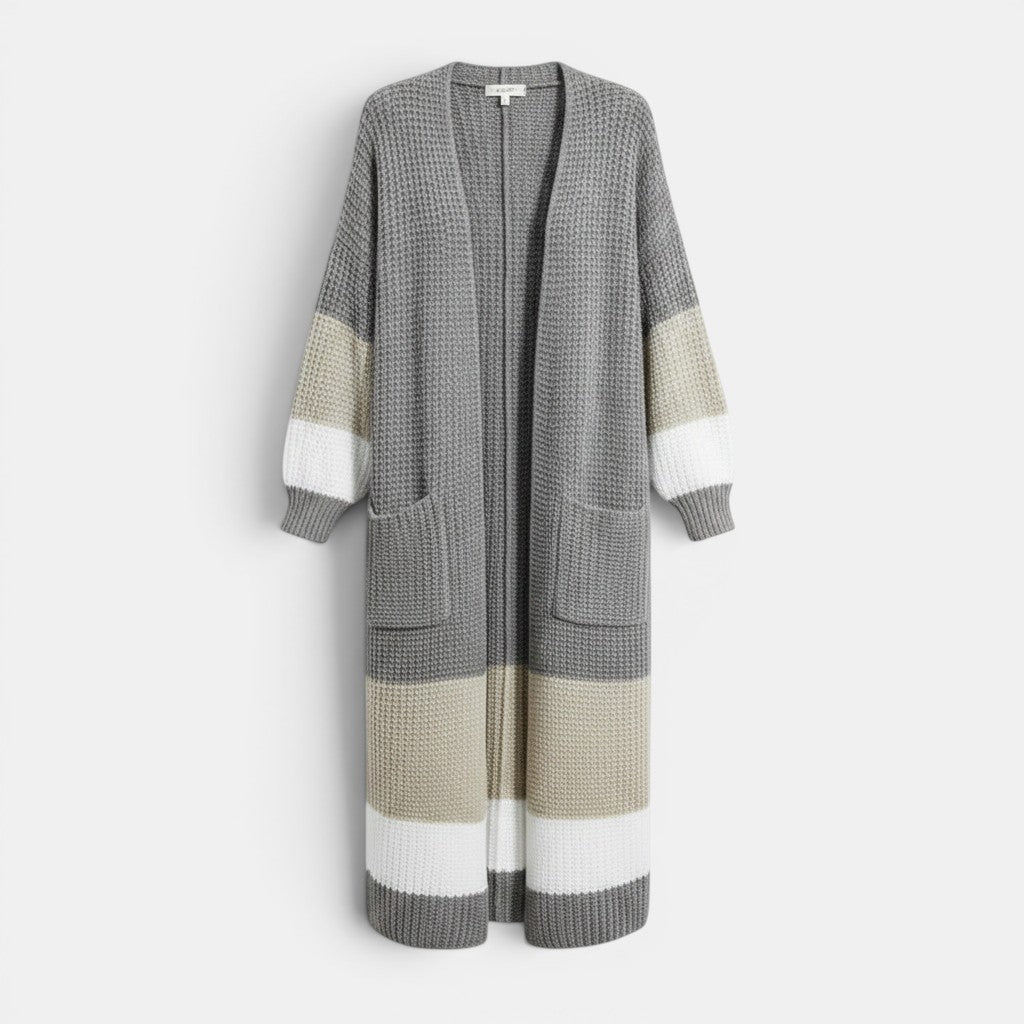 Allzom long colour-block cardigan in grey, beige and white knitwear with pockets.