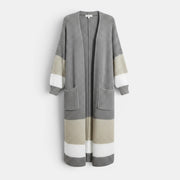 Allzom long colour-block cardigan in grey, beige and white knitwear with pockets.