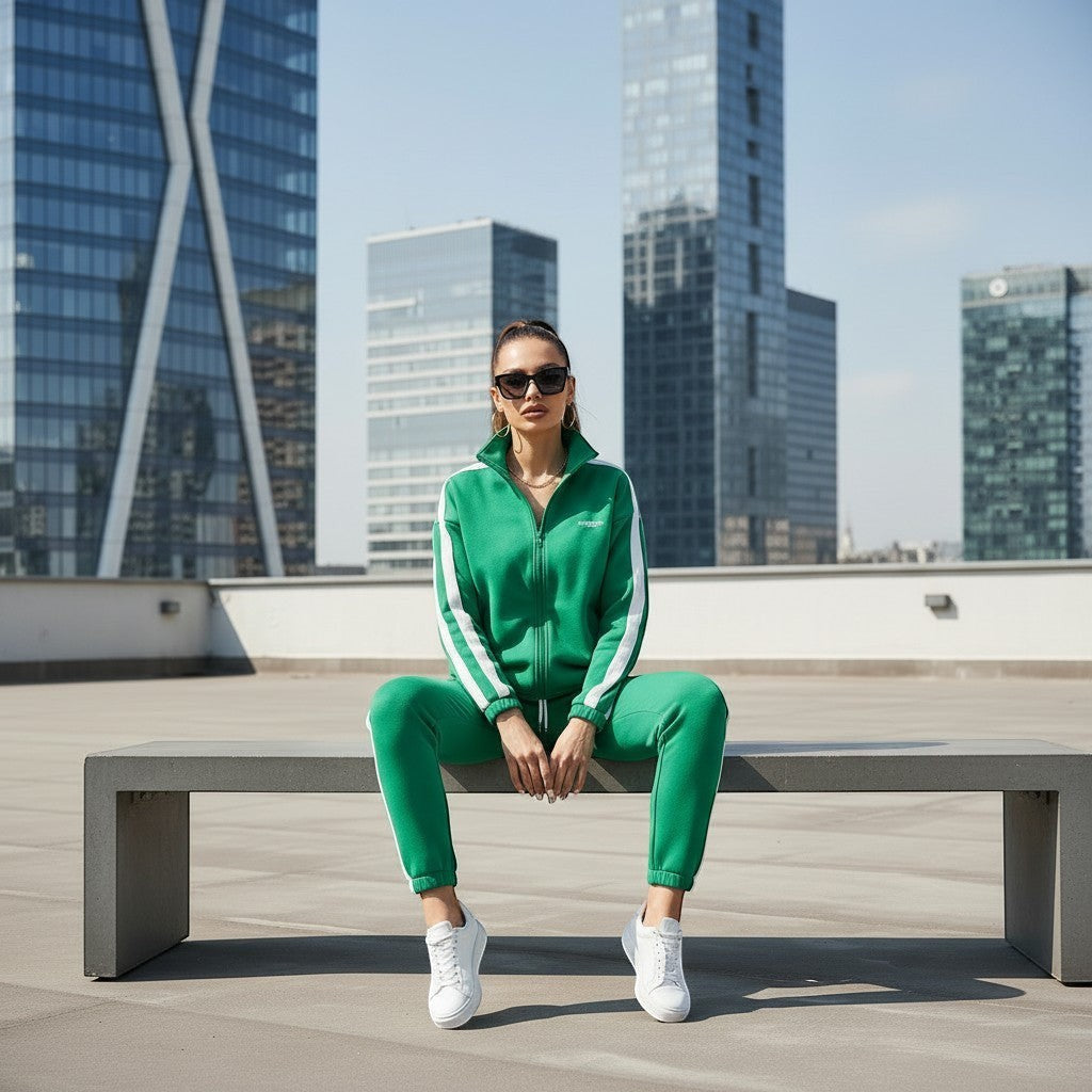 Allzom mulher em conjunto de fato de treino verde com riscas brancas nas mangas e pernas, calçado branco.