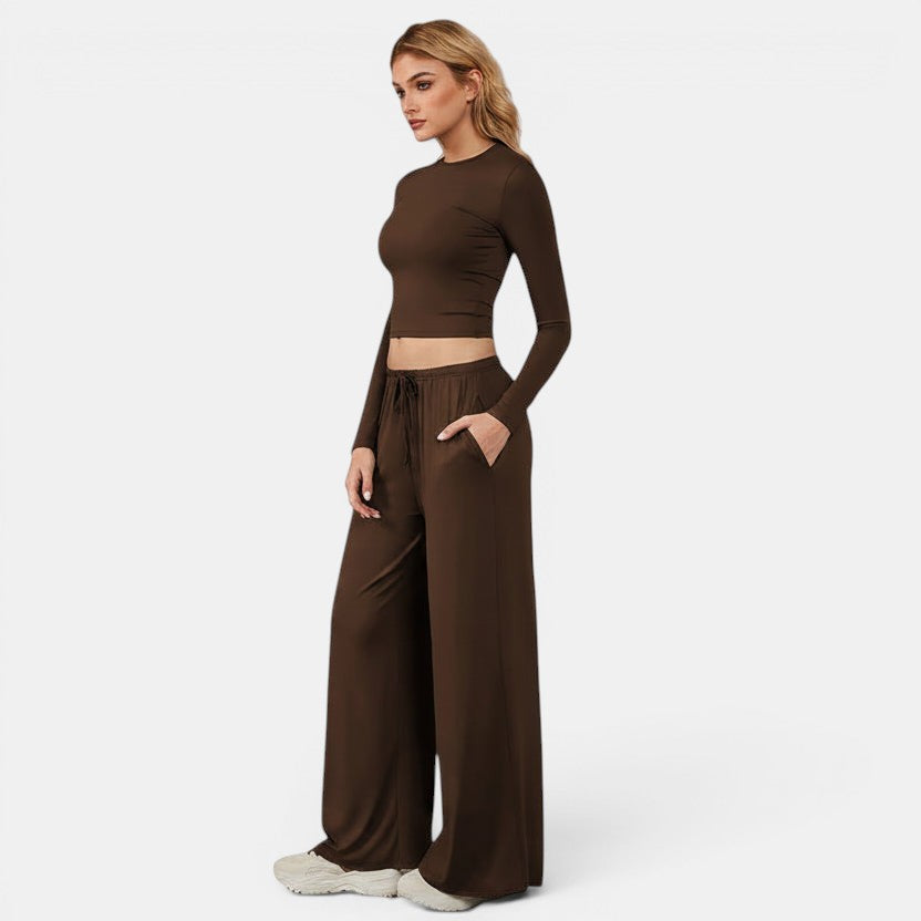 Conjunto Allzom de calças largas casuais e top cropped de manga comprida em castanho, com cordão na cintura.