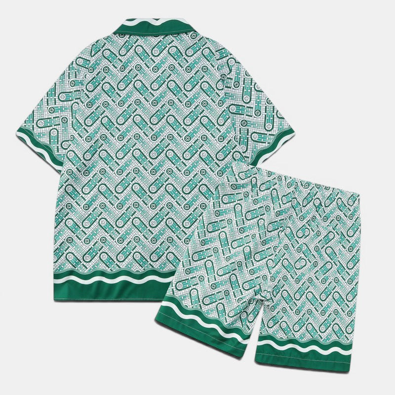 Conjunto Allzom de camisa e calções de poliéster com estampado abstrato digital em verde e branco, estilo retro.