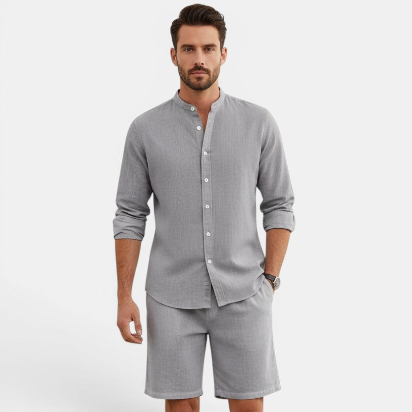 Allzom Conjunto de camisa e calções de linho cinzentos para homem com colarinho mandarim e botões.
