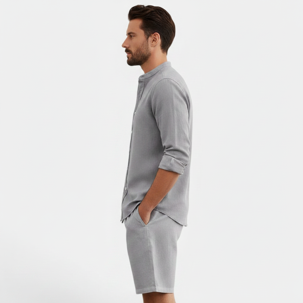 Men's Lapel Short-Sleeve Shirt & Drawstring Shorts Beach Set