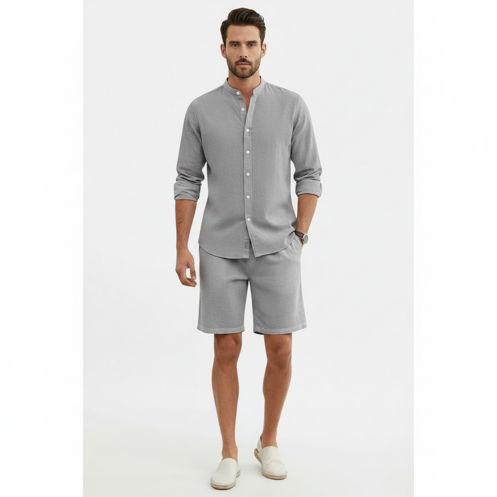 Men's Lapel Short-Sleeve Shirt & Drawstring Shorts Beach Set