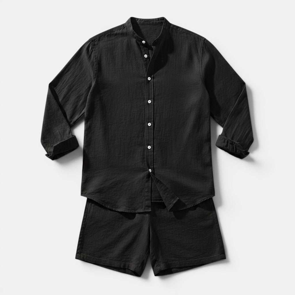 Allzom Conjunto de camisa preta de manga comprida e calções de linho para homem, com botões brancos e gola mandarim.