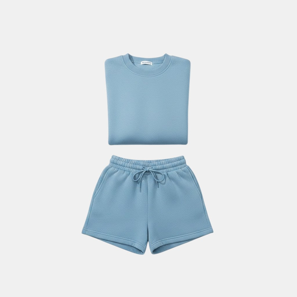 Allzom conjunto de camisola de manga comprida azul e calções de malha com cordão