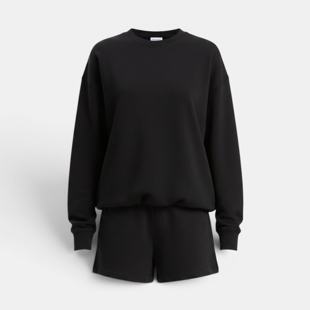Conjunto de camisola preta de manga comprida e calções de Allzom, em algodão macio, para um look casual e confortável.