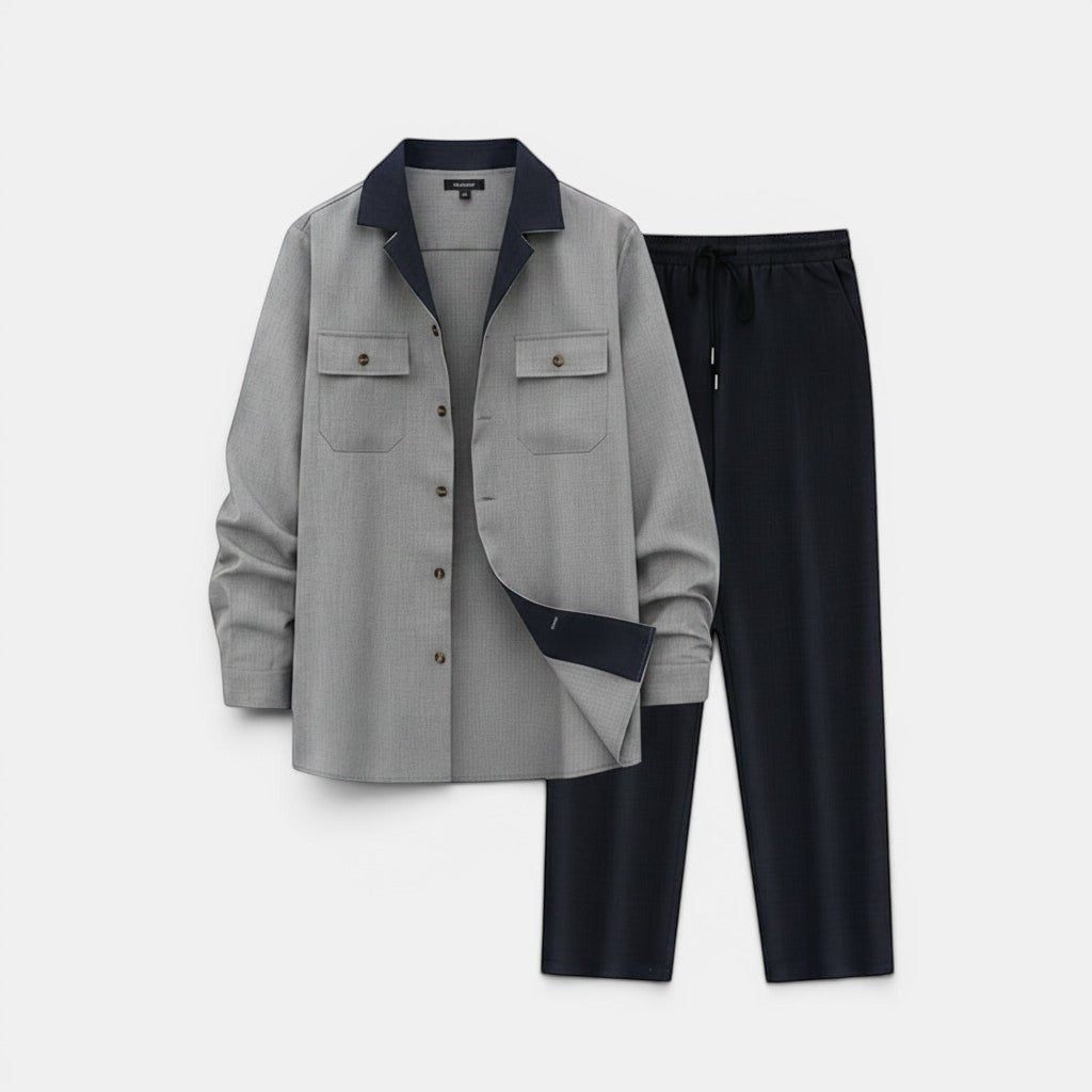 Allzom conjunto casual masculino de casaco e calças cinzentas com gola azul-marinho e dois bolsos frontais.