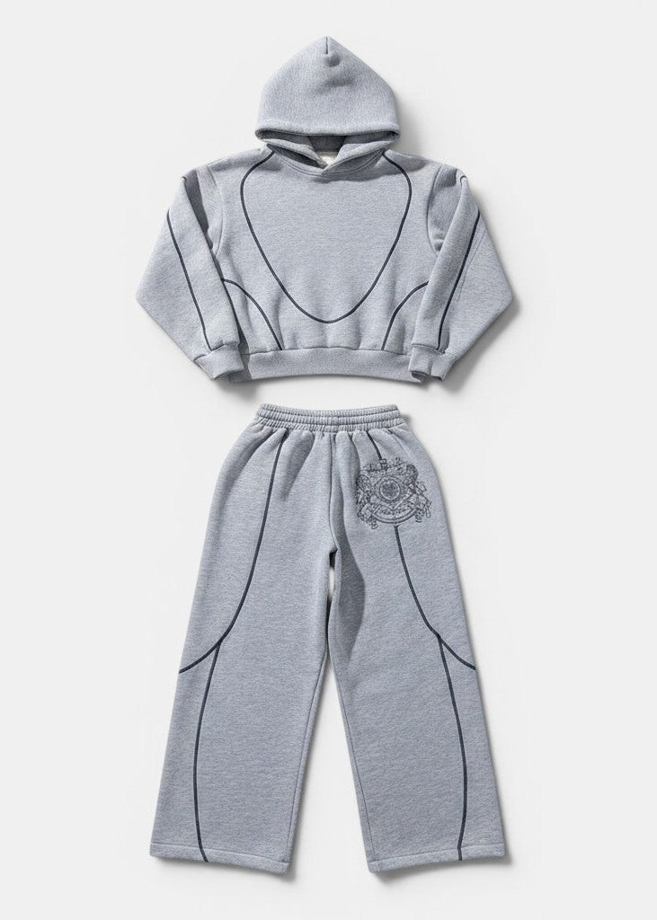 Conjunto Allzom de camisola com capuz cinza mescla e calças desportivas com costura contrastante e emblema bordado.