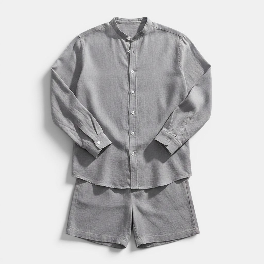 Conjunto Allzom de camisa de manga comprida cinzenta e calções de linho com colarinho mandarim.