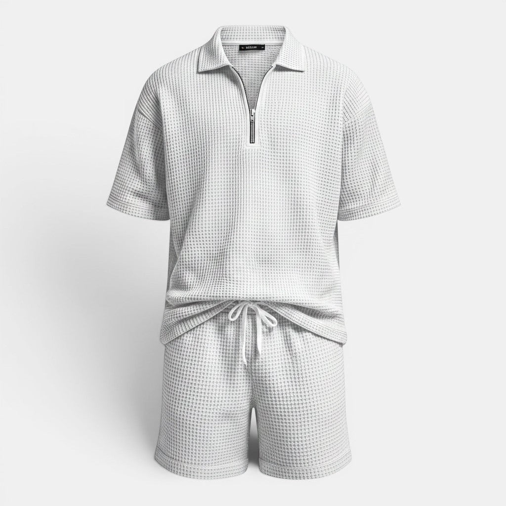 Conjunto Allzom de calções e t-shirt de manga curta com fecho de correr em malha texturizada cinzenta.