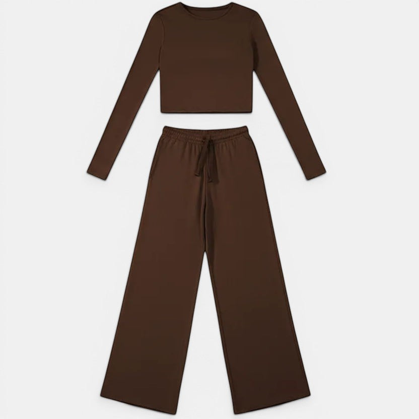 Conjunto Allzom de calças largas casuais e top cropped de manga comprida em castanho.
