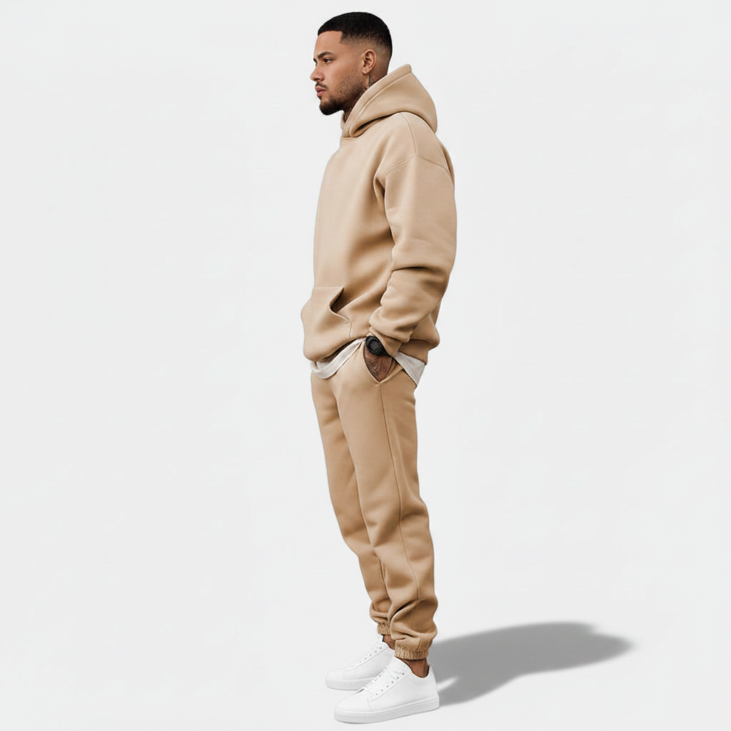 Mens Solid-Color Hoodie  Casual And Sporty Loose Fit Two-Piece Set