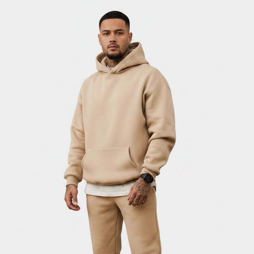 Mens Solid-Color Hoodie  Casual And Sporty Loose Fit Two-Piece Set