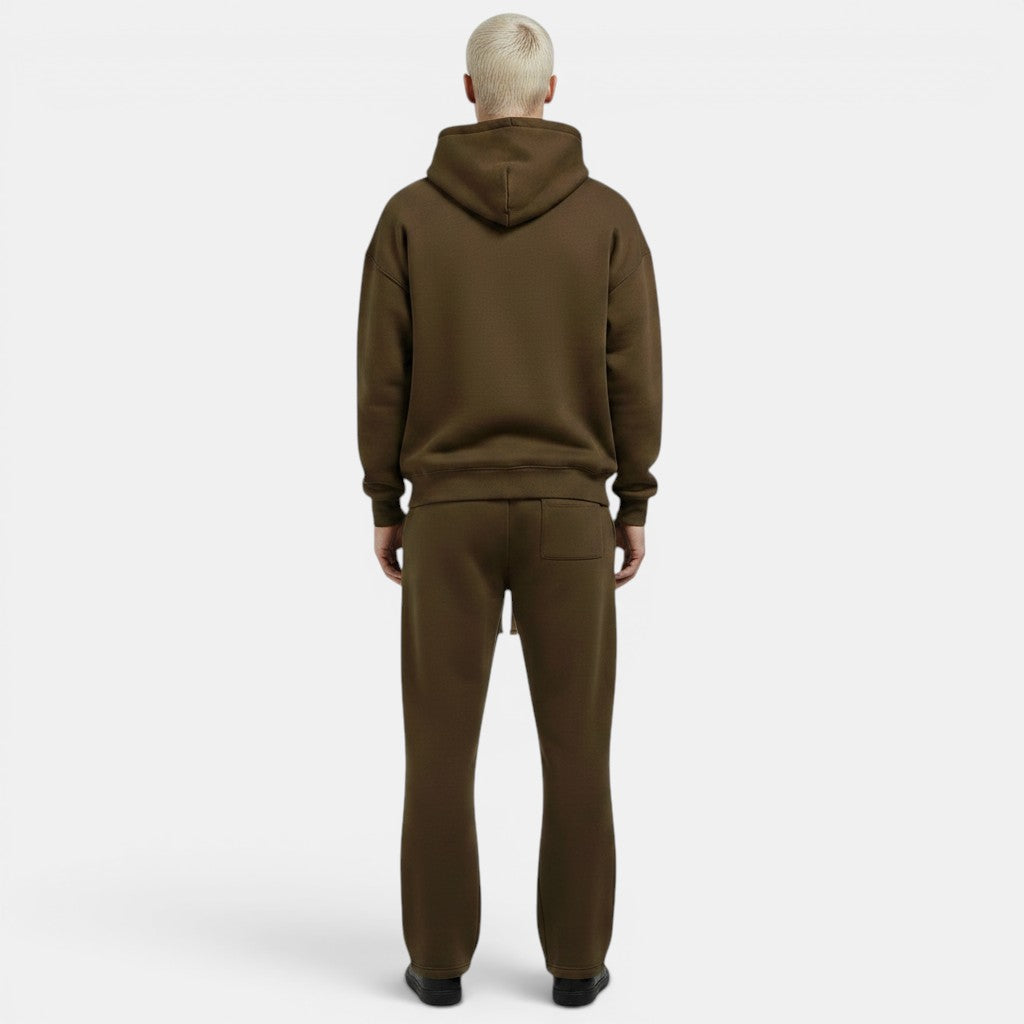 Allzom Conjunto desportivo castanho-oliva em algodão: hoodie com capuz e calças largas de cintura alta.