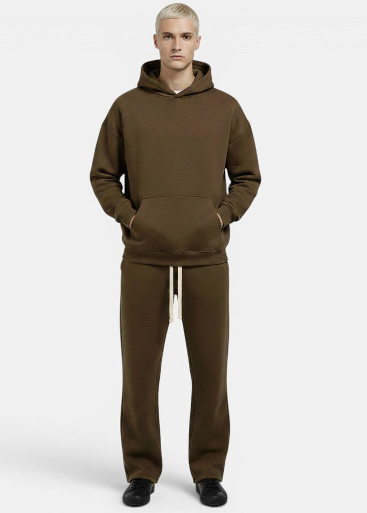 Allzom Conjunto desportivo castanho-oliva em algodão, com hoodie e calças largas.