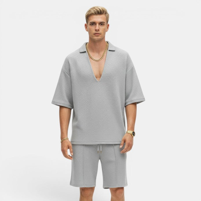 Allzom Conjunto desportivo masculino de malha waffle cinzenta com t-shirt de manga curta e calções.