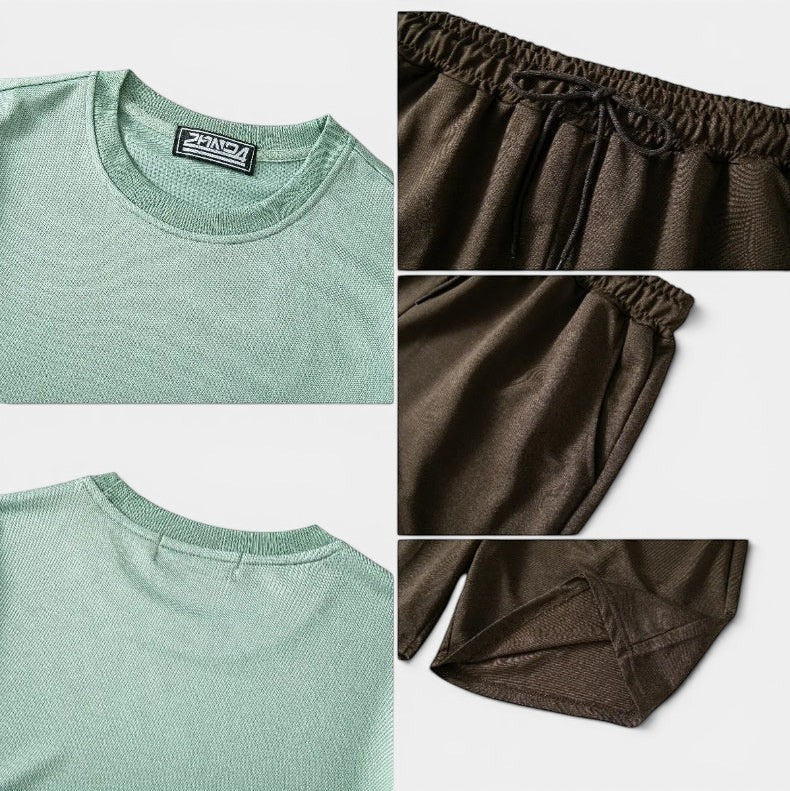 Conjunto desportivo Allzom de duas peças em poliéster, com t-shirt de manga curta verde menta e calções castanhos.