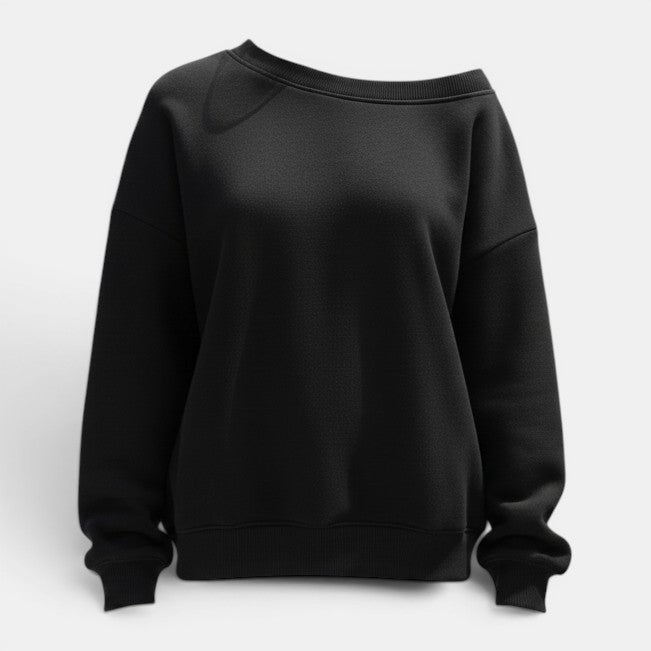 Conjunto desportivo Allzom de mulher com capuz solto e calças casuais pretas, decote redondo, tecido desportivo macio.