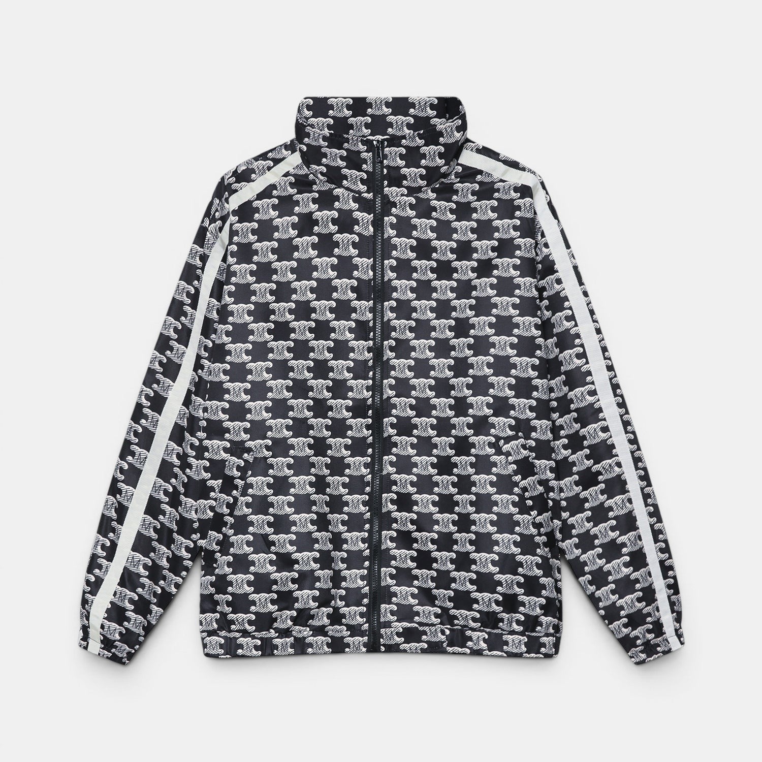 Conjunto Allzom de casaco e calções desportivos com padrão intrincado preto e branco, fecho completo e gola alta.