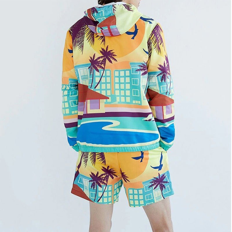 Conjunto de duas peças Allzom com capuz e calças estampadas, com paisagem tropical vibrante e estilo desportivo.