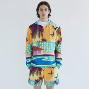Conjunto de duas peças Allzom com capuz e calças estampadas, com paisagem de verão e palmeiras. Cores vibrantes.