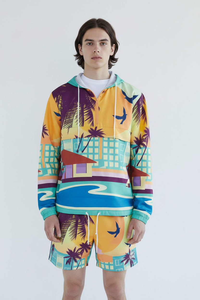 Conjunto de duas peças Allzom com capuz e calças estampadas, com paisagem de verão e palmeiras. Cores vibrantes.