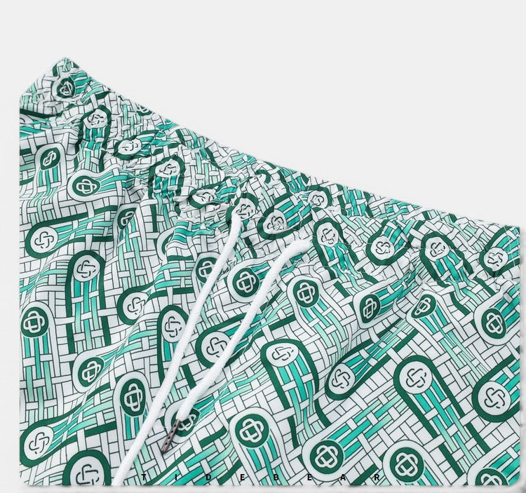 Conjunto de poliéster Allzom com estampado abstrato digital, cintura elástica e cordão, estilo retro.
