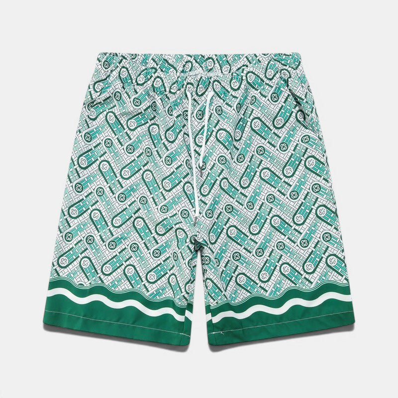 Conjunto de calções e top Allzom em poliéster com estampado abstrato digital em verde e branco, estilo retro.