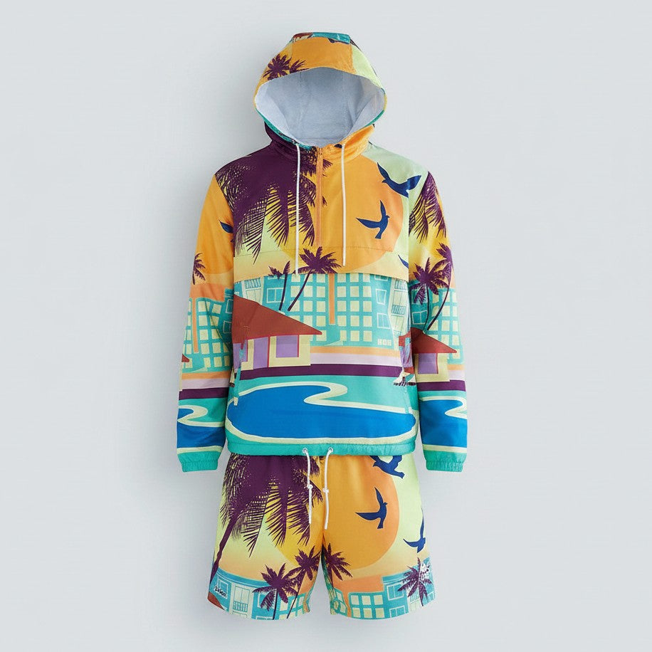 Conjunto de duas peças Allzom com capuz e calções estampados, com paisagem tropical e piscina. Material leve.