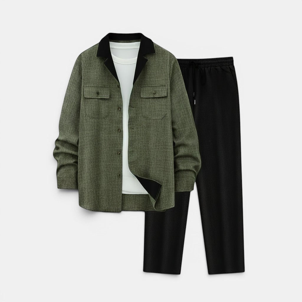 Allzom conjunto de fato casual masculino em verde com calças pretas e t-shirt branca.