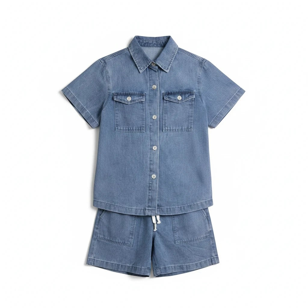 Conjunto Allzom de ganga azul com camisa de manga curta e calções de cintura subida com bolsos e estilo casual